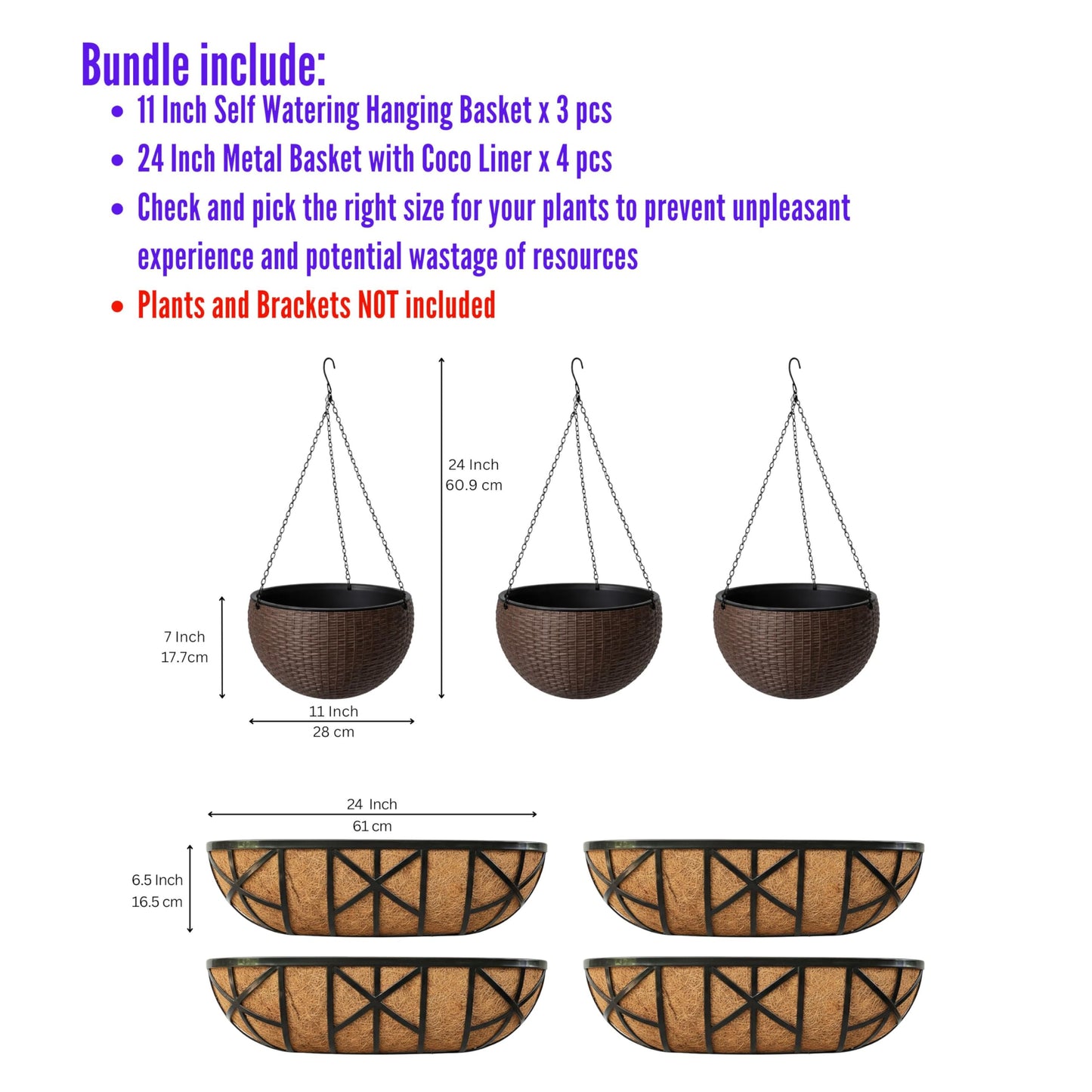 LaLaGreen Bundle- 4 Pack, 24 Inch Metal Planter with Coco Liner + 3 Pack, 11 Inch Self Watering Hanging Basket Plastic Flower Pot with Chain Outdoor Wall Mounted Balcony Fence Patio Porch Modern Decor