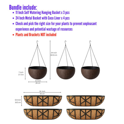 LaLaGreen Bundle- 4 Pack, 24 Inch Metal Planter with Coco Liner + 3 Pack, 11 Inch Self Watering Hanging Basket Plastic Flower Pot with Chain Outdoor Wall Mounted Balcony Fence Patio Porch Modern Decor