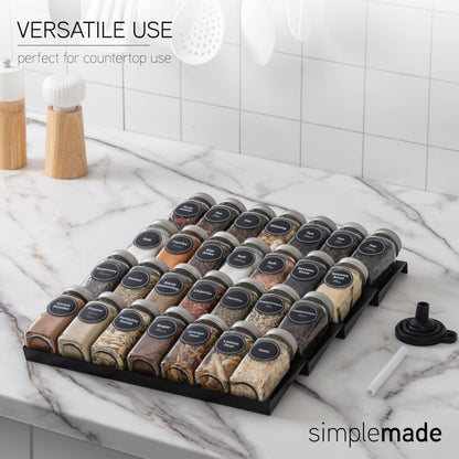 SIMPLEMADE-Spice Drawer Organizer, Spice Rack Drawer for Kitchen, 4 Tier Black Drawer Spice Organizer with 28 Jars and labels with a pen, Silicone Funnel, 13" by 17.5"