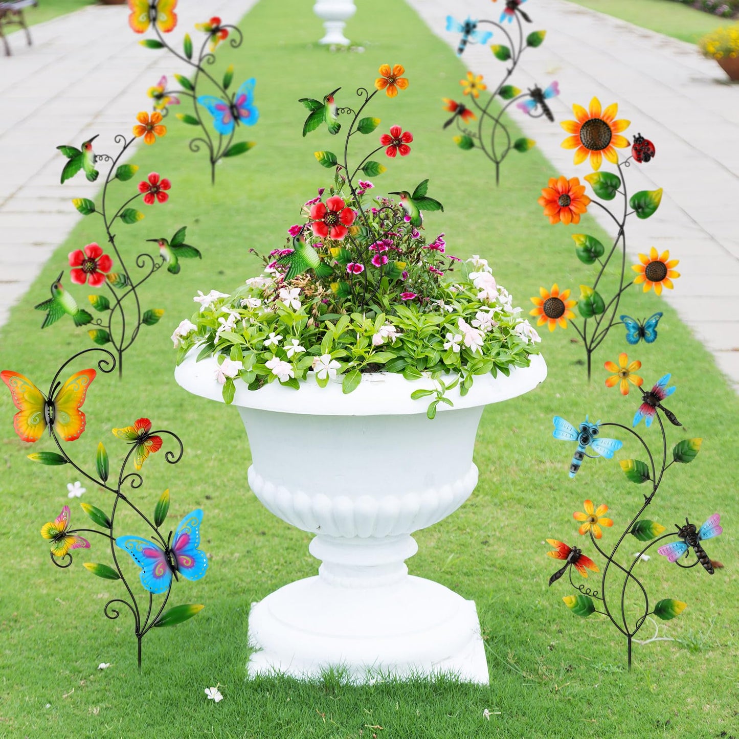 Menkxi 4 Pcs Butterfly Metal Garden Stakes Hummingbird Sunflower Dragonfly Flowers Garden Stake Decor Metal Wall Decor Trellis for Climbing Plants Outdoor Spring Art Housewarming Gift, 4 Styles