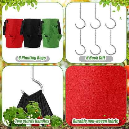 SATINIOR 6 Pack Upside Down Tomato Herb Planter 3 Gallon Hanging Grow Bags Outdoor Strawberry Planters with 6 Planting Holes and 1 Bottom Zipper Grow Bags with Hooks for House Vegetable Gardening