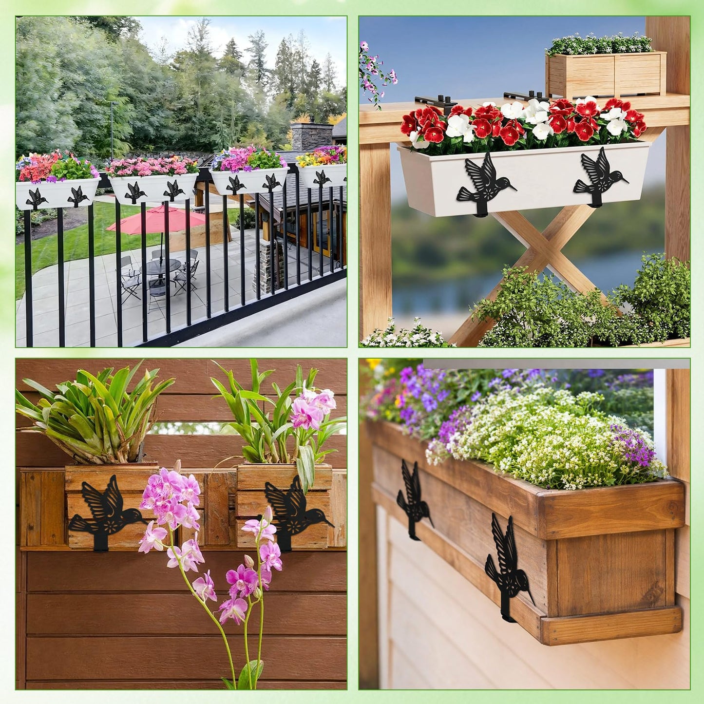 Chumia 4 Pcs Window Box Brackets Adjustable Planter Box Brackets for Railing with Hummingbird Heavy Duty Iron No Drill Flower Pot Holders for Outdoor Fence Balconie Patio Garden