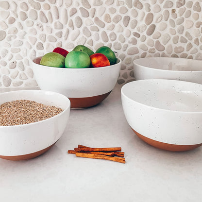 Mora Ceramic Large Mixing Bowls - Set of 2 Nesting Bowls for Cooking, Serving, Popcorn, Salad etc - Microwavable Kitchen Stoneware, Oven, Microwave and Dishwasher Safe - Extra Big 5.5 & 3.6 Qt - White