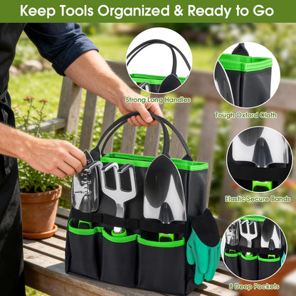 WOWBOX Garden Tools Set - 10 PCS, Heavy Duty Gardening Hand Tools Kit with Storage Tote, Rust-Resistant Gardening Supplies for Planting with Non-Slip Ergonomic Handle for Women and Men (Green)