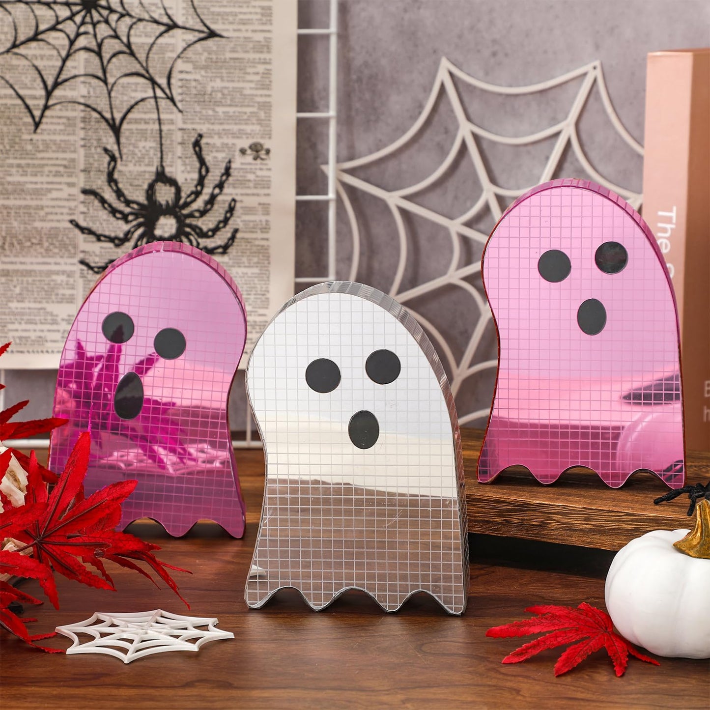 FYSUIMU 3Pcs Halloween Disco Ghost Decor 6 Inch Pink Silver Ghost Disco Ball Table Centerpieces Mosaic Horror Tiered Tray Decoration for Home Party Favors Supplies