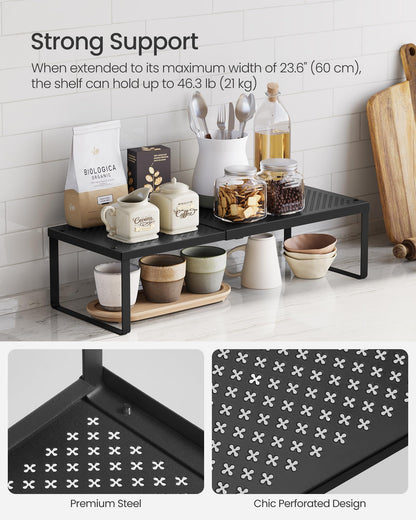 SONGMICS Spice Racks, Set of 2 Expandable Kitchen Countertop Shelves, Small Cupboard Organizers, Metal, Space-Saving Tabletop Shelves, Matte Black UKCS402B01