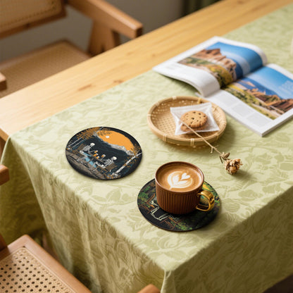 Halloween Skull Coasters Leather Round Drink Coasters 6 Pcs Set with Holderor for Cup Drink Coffee Table Bar Home Decor