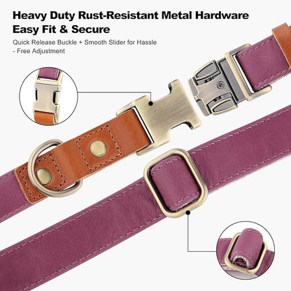 Plutus Pet Genuine Leather & Hemp Dog Collar – Adjustable Heavy Duty Pet Collar with Quick Release Metal Buckle, Soft & Stylish for Puppy and Small, Medium, Large Dogs (Purple, XS)