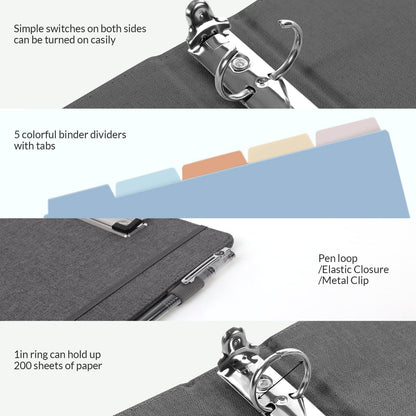 SKYDUE Clipboard Binder with Dividers,1 Inch 3 Ring Binder with Clipboard on Front for Organizer, Clipboard Folder with Pocket, Labels Office Supplies Gray