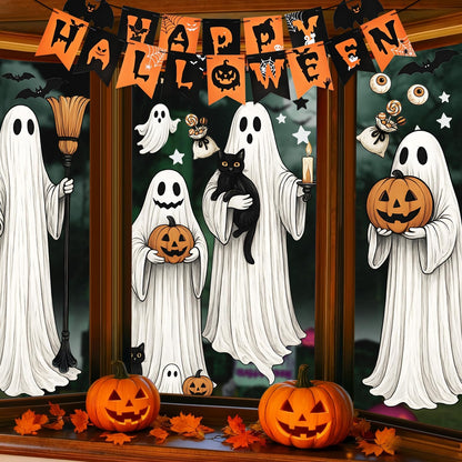 AhfuLife Large Halloween Ghost Window Clings Decorations, 12.6 x 35.4 inc, 4 Sheets Big Spooky Ghost Window Stickers Double Side Reusable Decals for Halloween Home Party Indoor Decorations