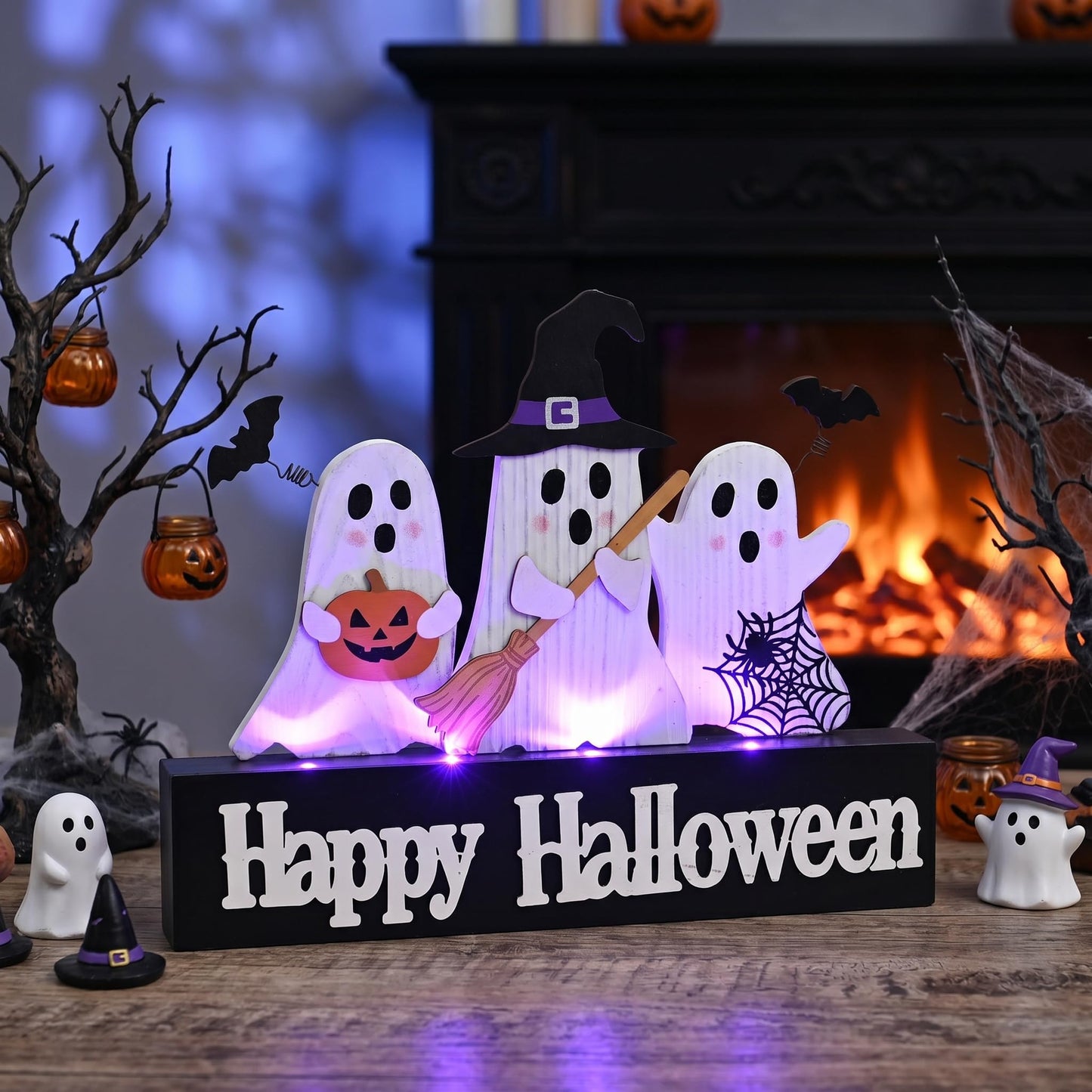 Valery Madelyn Halloween Decorations with Purple LED Lights, Lighted Halloween Ghost Decor, Tabletop Sign with Witch Hat Broom Bats Jack O Lantern for Home Party Indoor, 12 Inch
