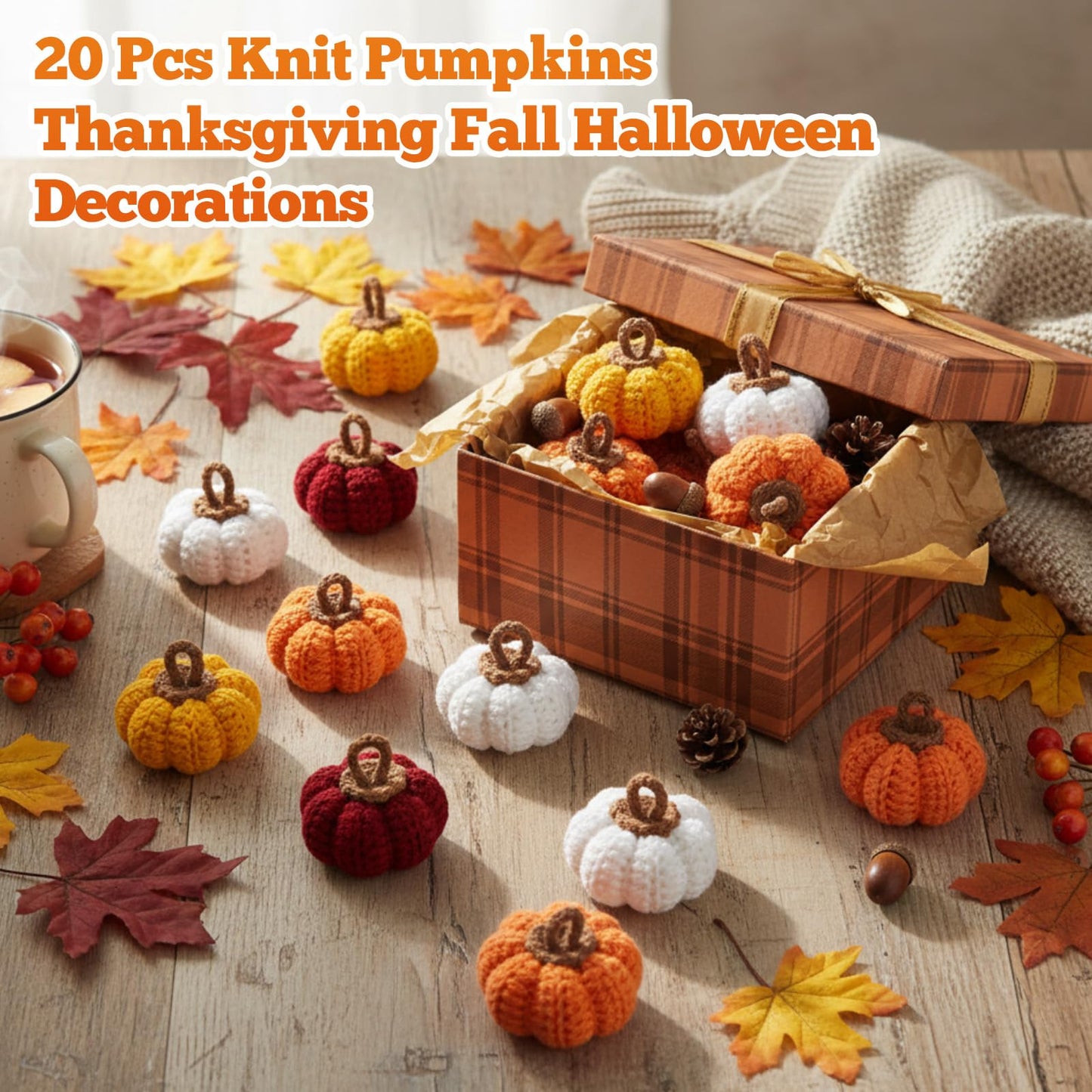 Remagr 20 Pcs Knit Pumpkins Mini Crochet Pumpkins Thanksgiving Fall Decorations Ornament Crafts Bowl Filler 2 Inch Small Rustic Farmhouse Bulk for Table Tier Tray Harvest Autumn Mantel (Orange Series)