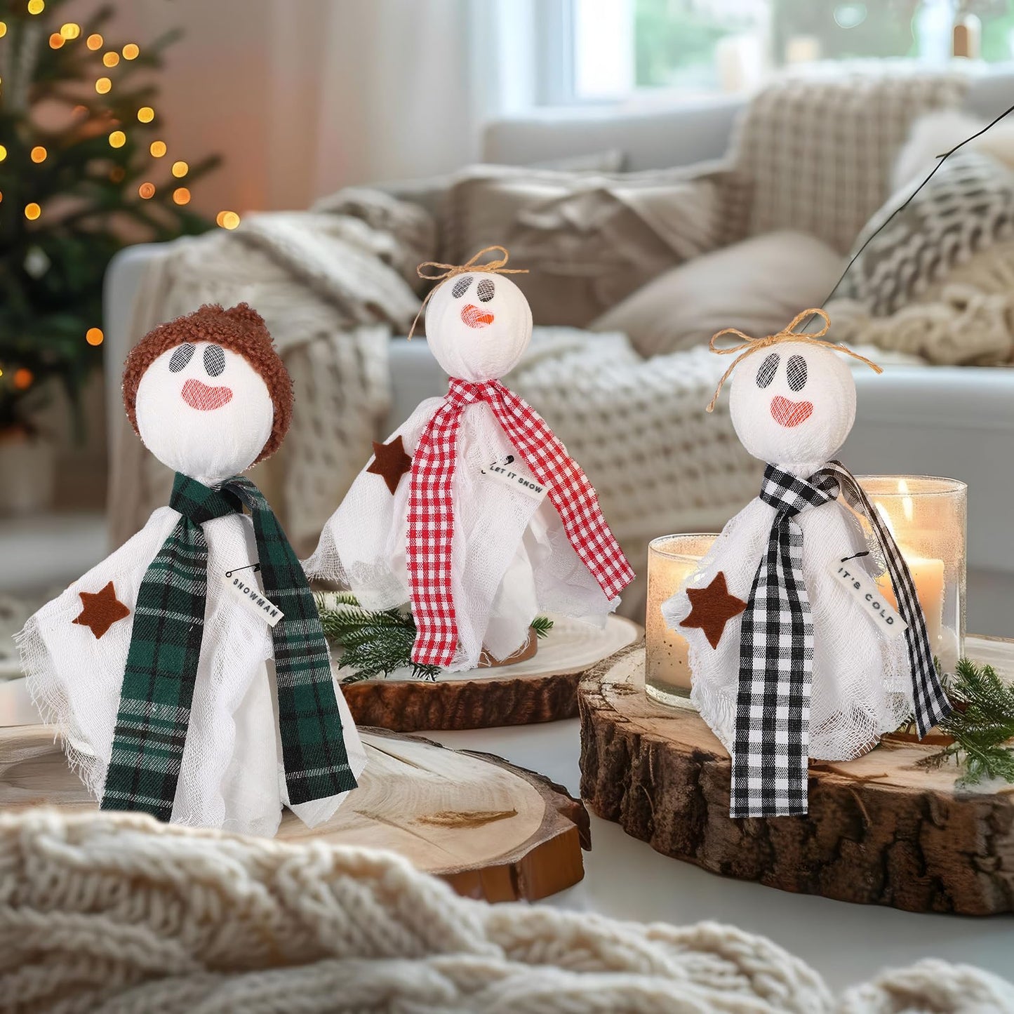 SmoothNovelty 3 Pcs Christmas Snowman Decoration Let It Snow Snowman Ghost Table Centerpiece Winter Snow Man Figurine Wooden Tabletop Decor for Xmas Home Party Favor Gift