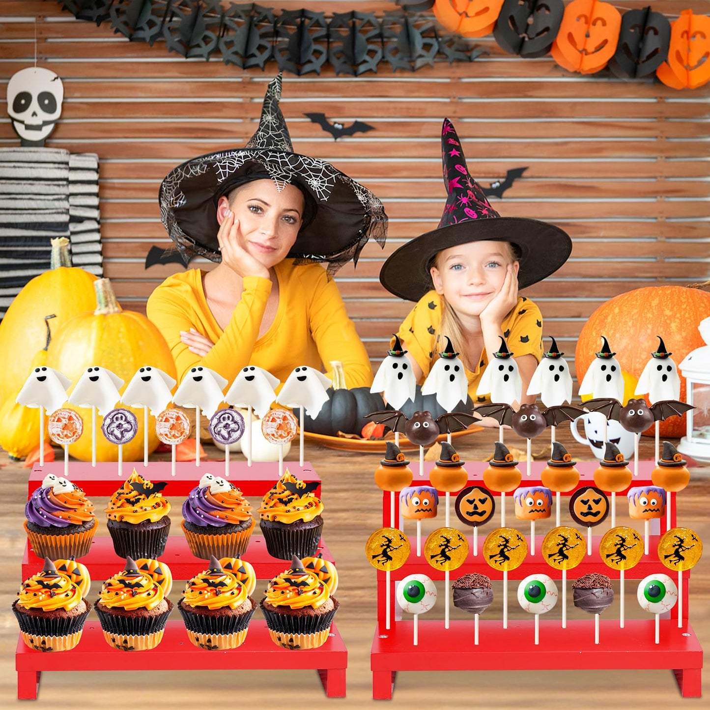 KHayRovies 2 Pcs Cake Pop Stand, 3 Tier Wood Cake Pop Holder Display Risers with Twist Ties Lollipop Sticks, 33 Hole Lollipop Holder for Dessert Table of Wedding Birthday Party (Red-2P)