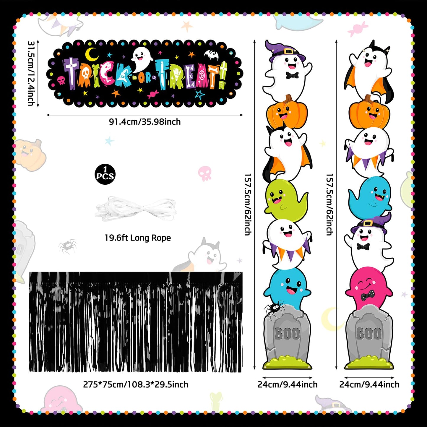 Aperturee Halloween Trunk Or Treat Car Decorations Kit — 70.8x15.5 Inch Banner, Porch Banner, 2x6m Ropes, Rain String Curtains, Durable Oxford Fabric, Fun Halloween & Trick-or-Treat Themes