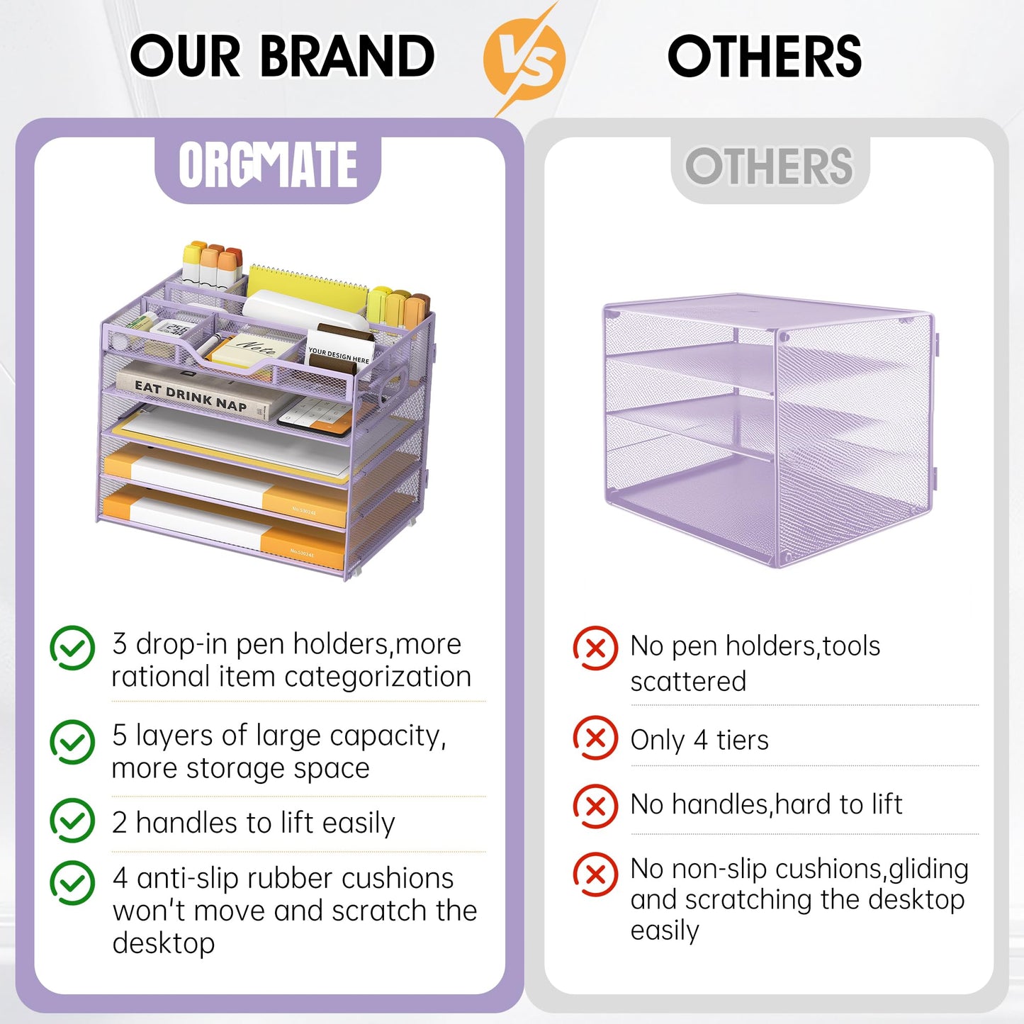 OrgMate 5 Tier Paper Letter Tray with 3 Drop-in Pen Holders, Mesh Desk File Organizer with Handle, Desk Organizers and Accessories for School,Home, Office Supplies Storage-Purple