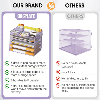 OrgMate 5 Tier Paper Letter Tray with 3 Drop-in Pen Holders, Mesh Desk File Organizer with Handle, Desk Organizers and Accessories for School,Home, Office Supplies Storage-Purple