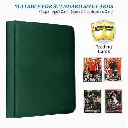 12 Pocket Card Binder, 720 Pockets PU Leather Zipper Trading Card Collection Album, Side-Loading Card Storage Folders for MTG, TCG, Game/Sport Crads (Green, 12 Pockets)