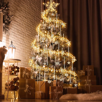 Mudder 49 ft Christmas Tree Ring Lights with Clear Ornaments Acrylic Hummingbird Snowflake Star Icicle and Iron Wire 300 LED Crystal Garland Fairy Lights for Indoor Xmas Tree Winter Party Decor