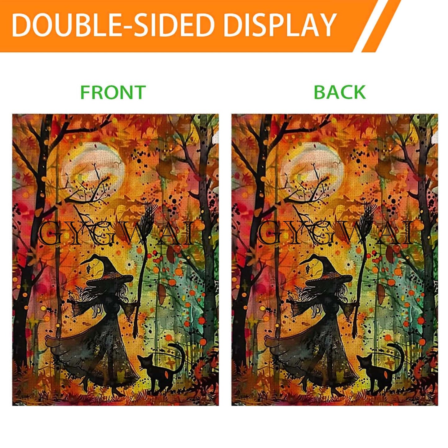 Halloween Witch Cat House Flag 28x40 Inch Double Sided Outside, Halloween Yard Flag for Fall Holiday Outdoor Decorations