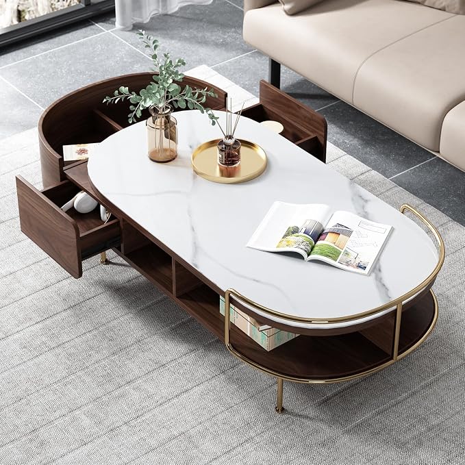 Lartis Oval Coffee Table in Walnut, Sintered Stone Living Room Table with Semi-Circular Storage,Multi Functional Marvel for Modern Living Room (White, 51 in)