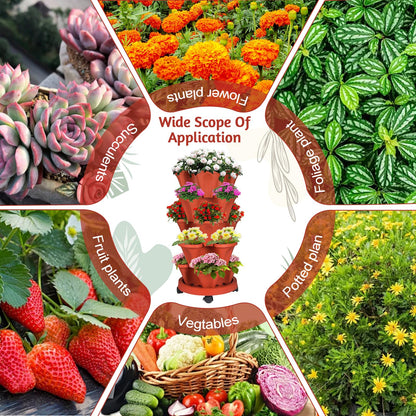 SunFunUSA 7 Tier Vertical Strawberry Planter-Tower Stackable Herb Planter Stacking Garden Planters Pot Outdoor with Tools Mover for Growing Flowers, Vegetables and Succulents, Red