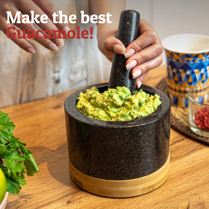 PriorityChef Heavy Duty Mortar and Pestle Set with Bamboo Base, 100% Natural Granite Stone Grinder, Guacamole Bowl and Masher, 2 Cups, Black