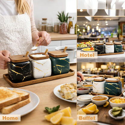 JFFLYIT 3 Pcs Sugar Bowls Ceramic Coffee Jar Set Ceramic Seasoning Jar with Lid Spoon and Tray/Food Storage Canister (Color Mixing)