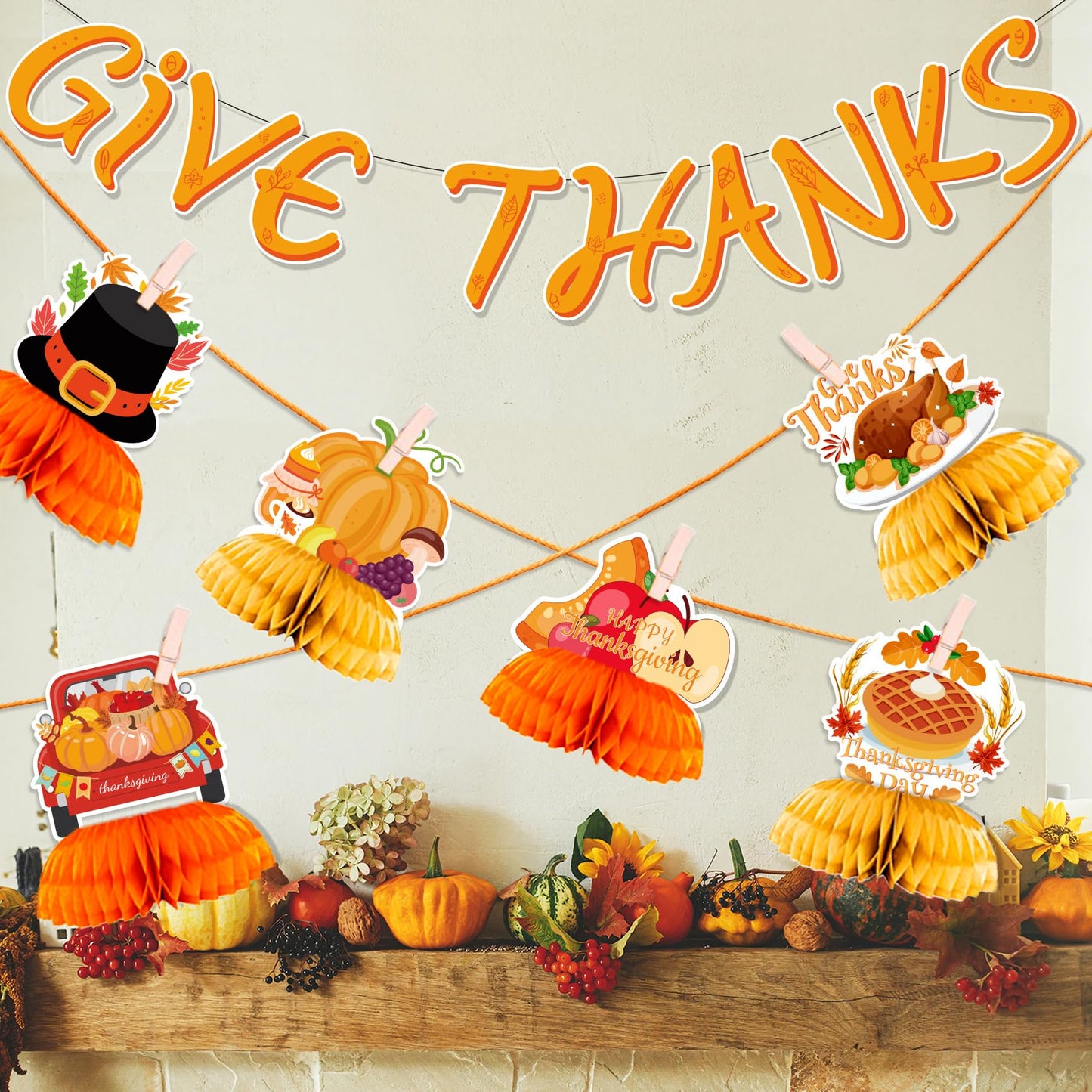 9Pcs Thanksgiving Honeycomb Centerpiece Party Decor | Thanksgiving Table Decorations |Thanksgiving Party Decorations| Thanksgiving Centerpieces for Tables |Give Thanks Banner Pumpkin Truck Sunflowers