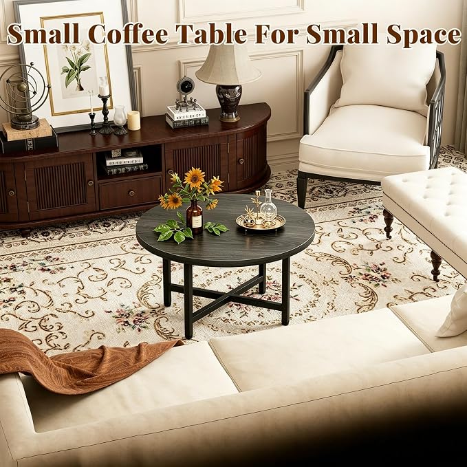 Coffee Table, 23.6" Small Coffee Tables, Gray Round Coffee Tables for Living Room, Floor Table for Sitting on The Floor, Center Coffee Table with Metal Frame for Office Apartment Home