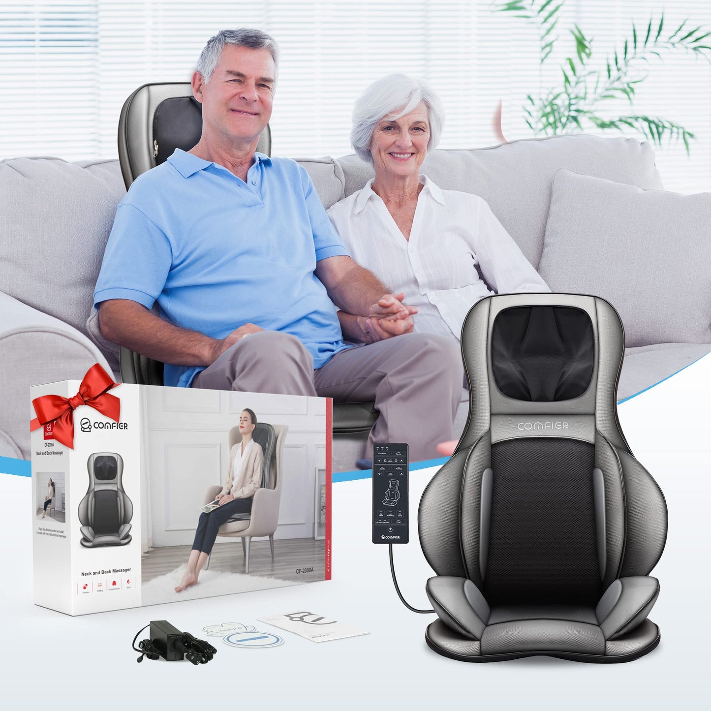 COMFIER Shiatsu Neck Back Massager with Heat, 2D ro 3D Kneading Massage Chair Pad, Adjustable Neck Massage,Seat Massager for Full Body Relaxation, Christmas Gifts for Dad Mom Women Men,Dark Gray