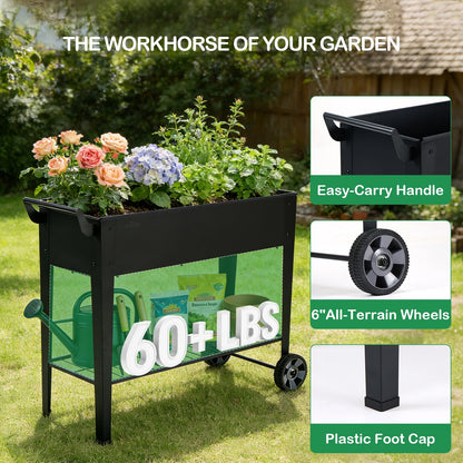 FOYUEE 2-Pack 32”Height Elevated Raised Garden Bed with Wheels & Storage Shelf, 400 Lbs Capacity, Anti-Rust, Space-Saving Planter for Vegetables, Herbs, Patio, Balcony, Backyard