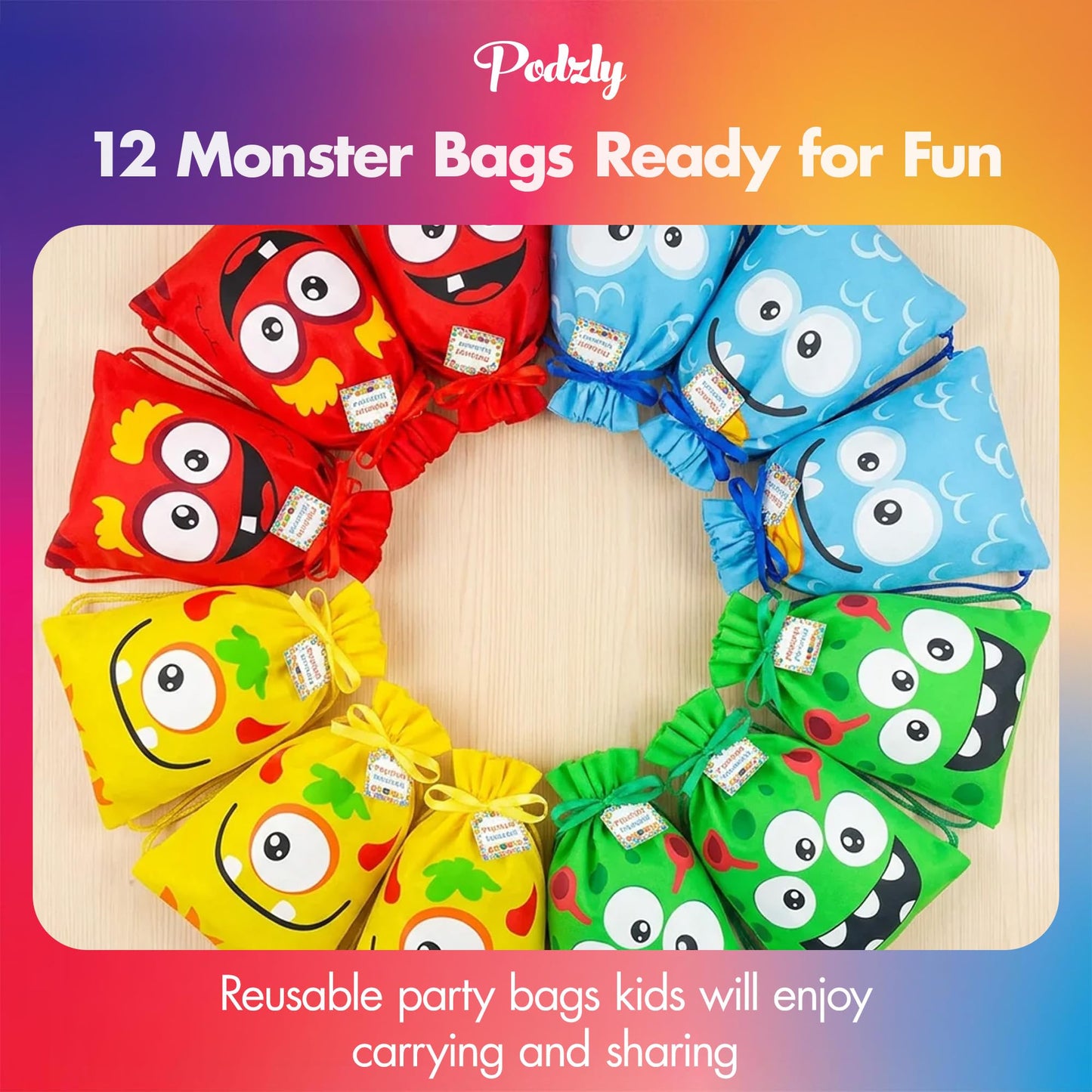 Podzly Drawstring Bags Bulk 12 Pack – Monster Themed Drawstring Backpack Bulk – 12" x 15" Washable Polyester Cinch Sackpack – Kids Party Favor Goody Bags for Halloween, Birthday, Dulceros Fiestas