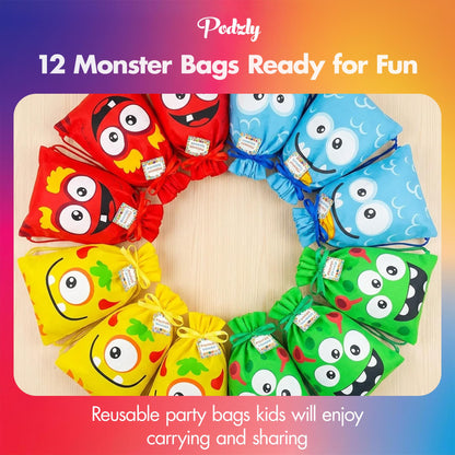 Podzly Drawstring Bags Bulk 12 Pack – Monster Themed Drawstring Backpack Bulk – 12" x 15" Washable Polyester Cinch Sackpack – Kids Party Favor Goody Bags for Halloween, Birthday, Dulceros Fiestas
