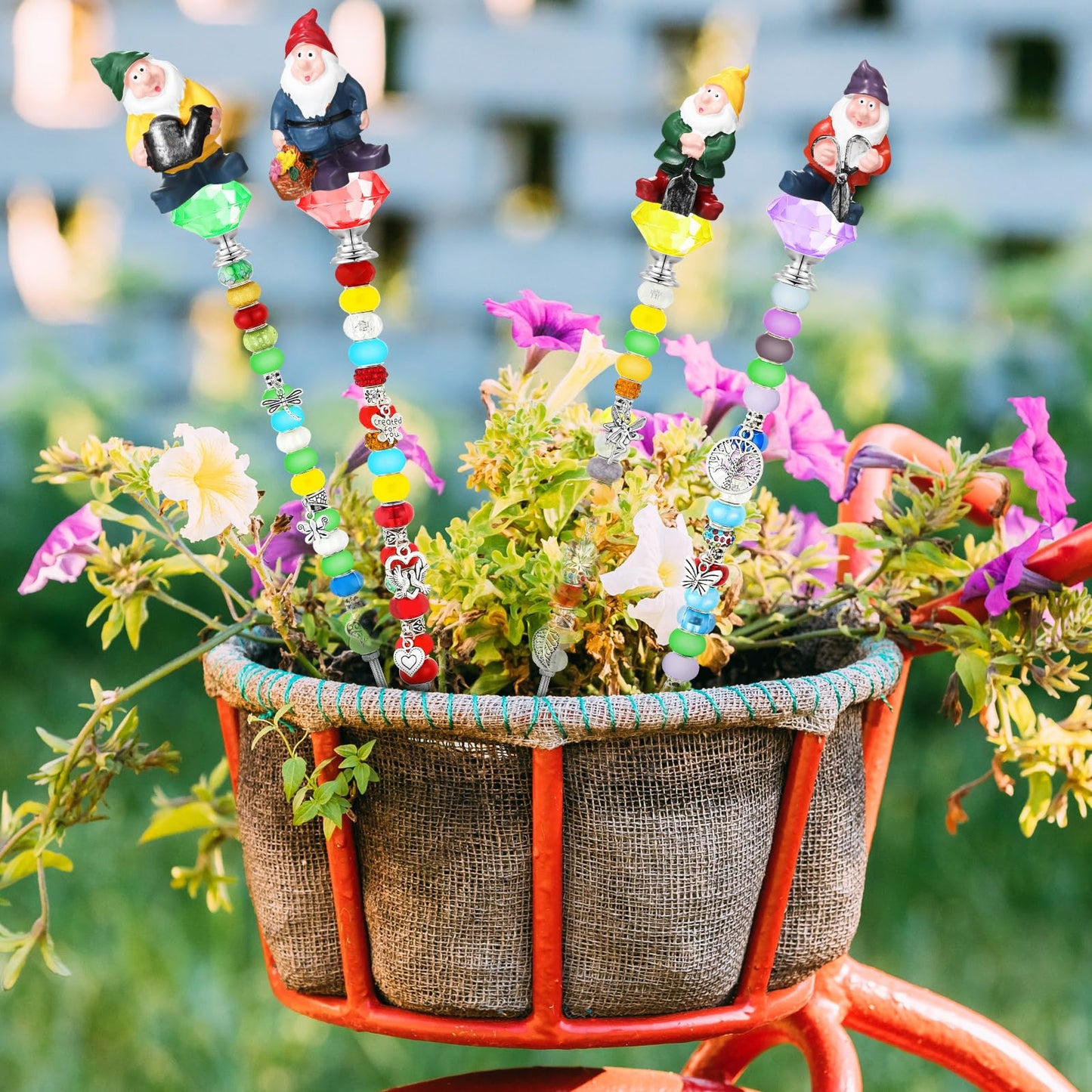 Lineshading 95 Pcs Gnome Garden Stakes Fairy Wand Garden DIY Beaded Stakes Decor 4 Crystal Stopper Top 4 Gnome 64 Large Hole Beads 15 Silver Pendants 4 Threaded Rods 4 Pcs Nuts, for Craft Supply