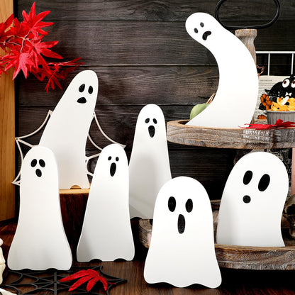 Whaline 7Pcs Halloween Wooden Table Signs Cute Ghost Shape Wooden Cutouts Rustic Tiered Tray Decor for Home Office School Desk Tabletop Decoration
