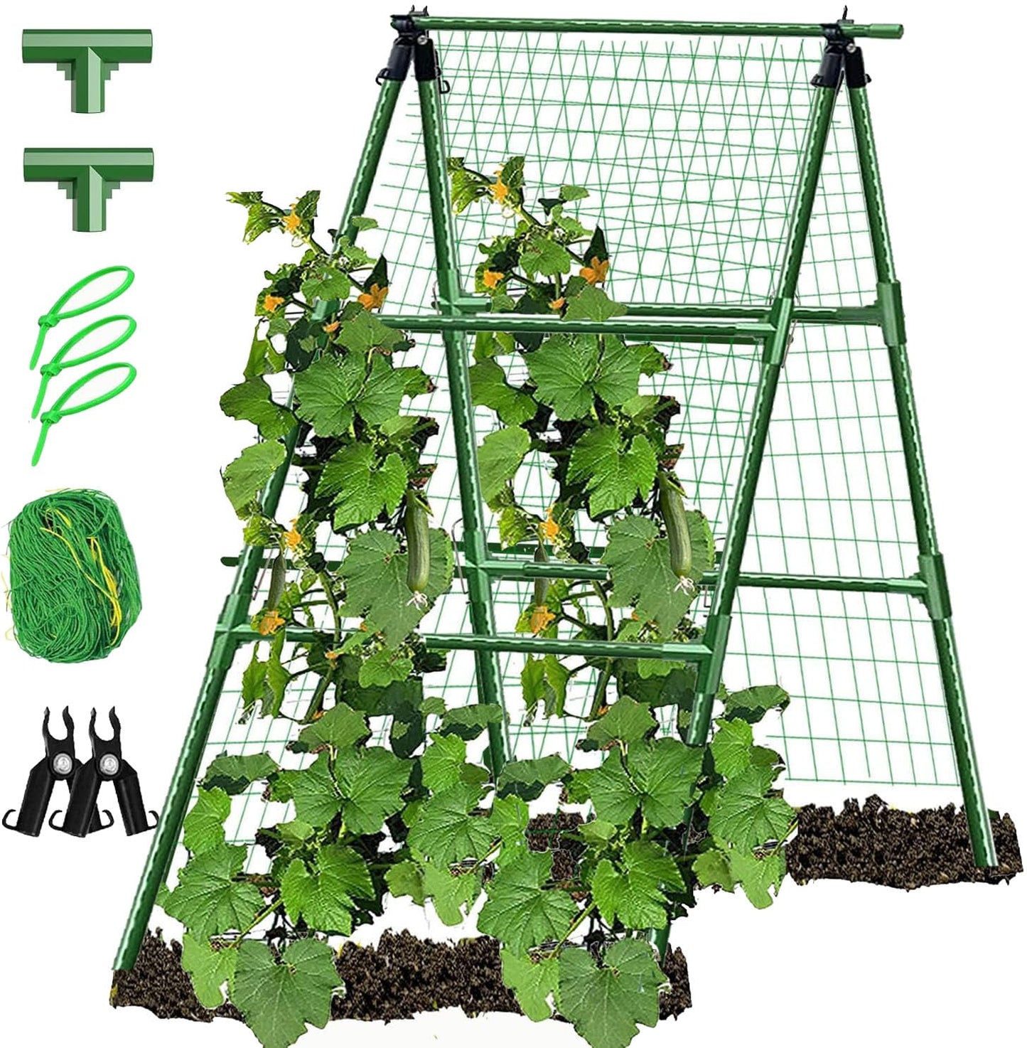 JK-GMTE A-Frame Metal Garden Trellis Set for Raised Bed for Climbing Plants Outdoor-Detachable Cucumber Climbing Trellis with Net Clips-Garden for Cucumber Flowers Vegetables