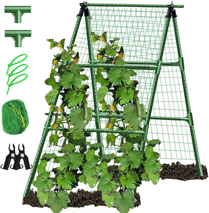 JK-GMTE A-Frame Metal Garden Trellis Set for Raised Bed for Climbing Plants Outdoor-Detachable Cucumber Climbing Trellis with Net Clips-Garden for Cucumber Flowers Vegetables