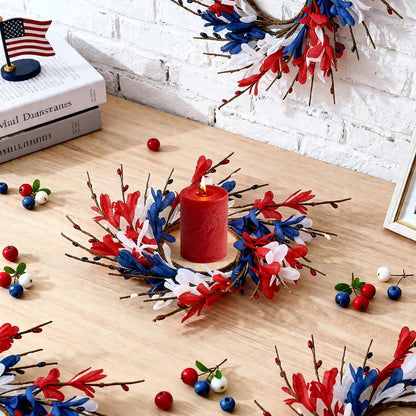 6 PCS Patriotic American Candle Rings Wreaths 4th of July Red White and Blue Floral Candle Rings Holder with Forsythia Flowers Mini Independence Day Wreath for Party Home Table Centerpiece Decor