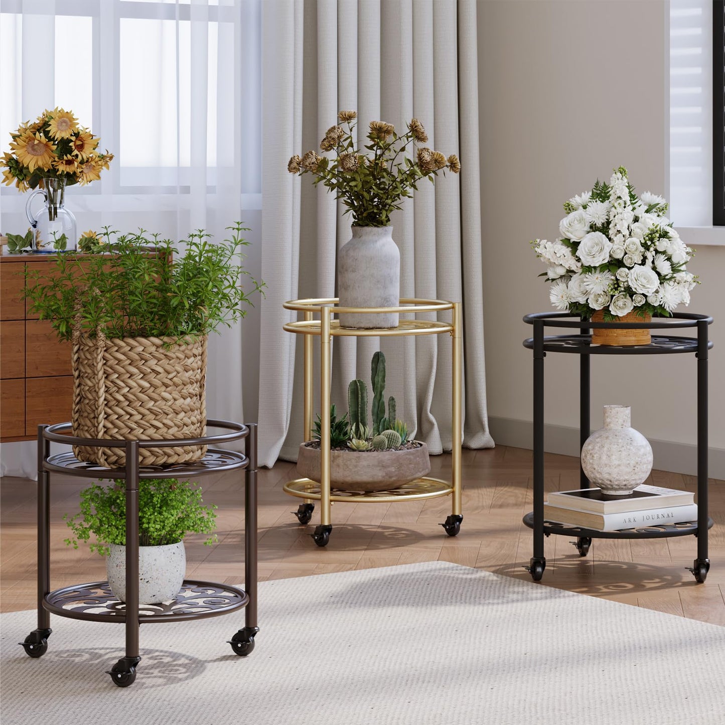 Rioneta 2 Tier Heavy Duty Rolling Plant Stand – 165 lbs Capacity Flower Pot Holder with Wheels for Indoor & Outdoor, Easy Move Cart for Balcony, Patio, Garden, 2 Pack Black