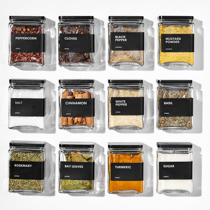 MUVEKA Glass Spice Jars with Bamboo Lid, 4oz Square Spice Containers for Pantry Organization, Seasoning Bottles with Labels, Spoons, Funnel for Salt Sugar