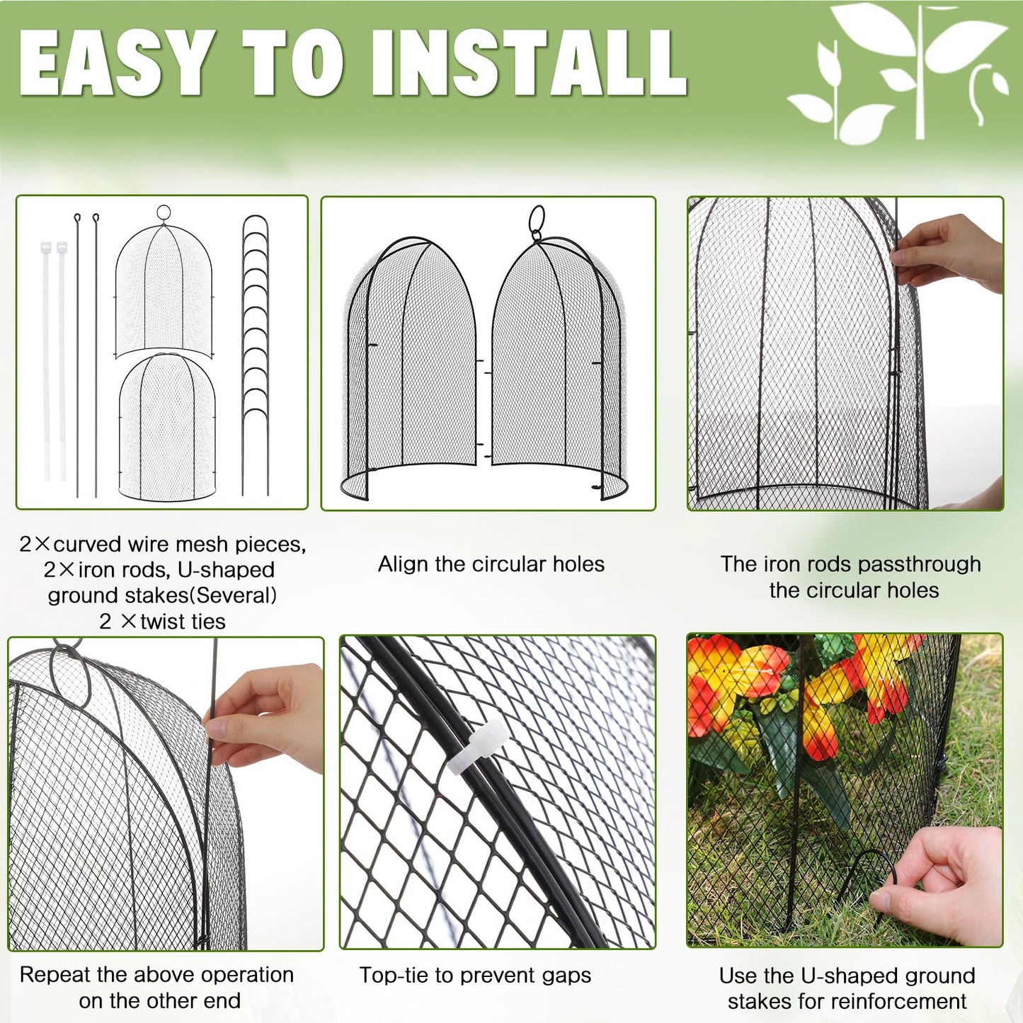 Novabright 6 Pack Garden Cloches for Plants 12" x 16" with Stakes & Zip Ties, Plant Covers from Animals Large Metal Mesh Chicken Wire Cloche Plant Protector Cage for Vegetable Garden Outdoor (Black)