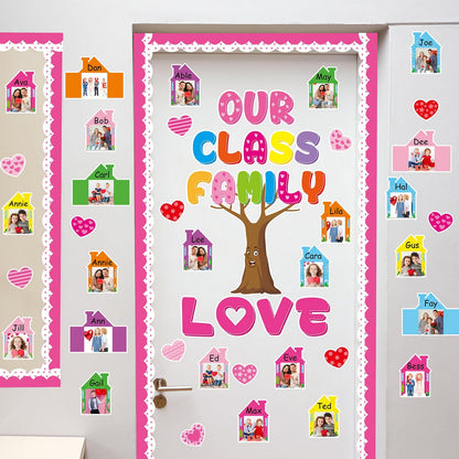 Back to School Bulletin Board Set Our Class is a Family Classroom Decoration with 3D Photo Frame House Pink Paper Cutouts Family Tree Bulletin Board for Home Office School Classroom Wall Decor
