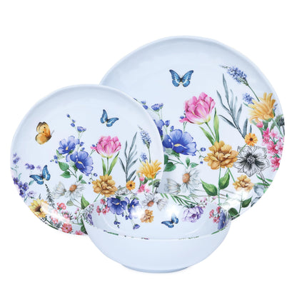 Lechoo 12 Piece Melamine Dinnerware Sets - Plates And Bowls Sets Floral Dinnerware Sets- Spring Camping Dishs Indoor Outdoor Use,Flowers And Butterflies Pattern