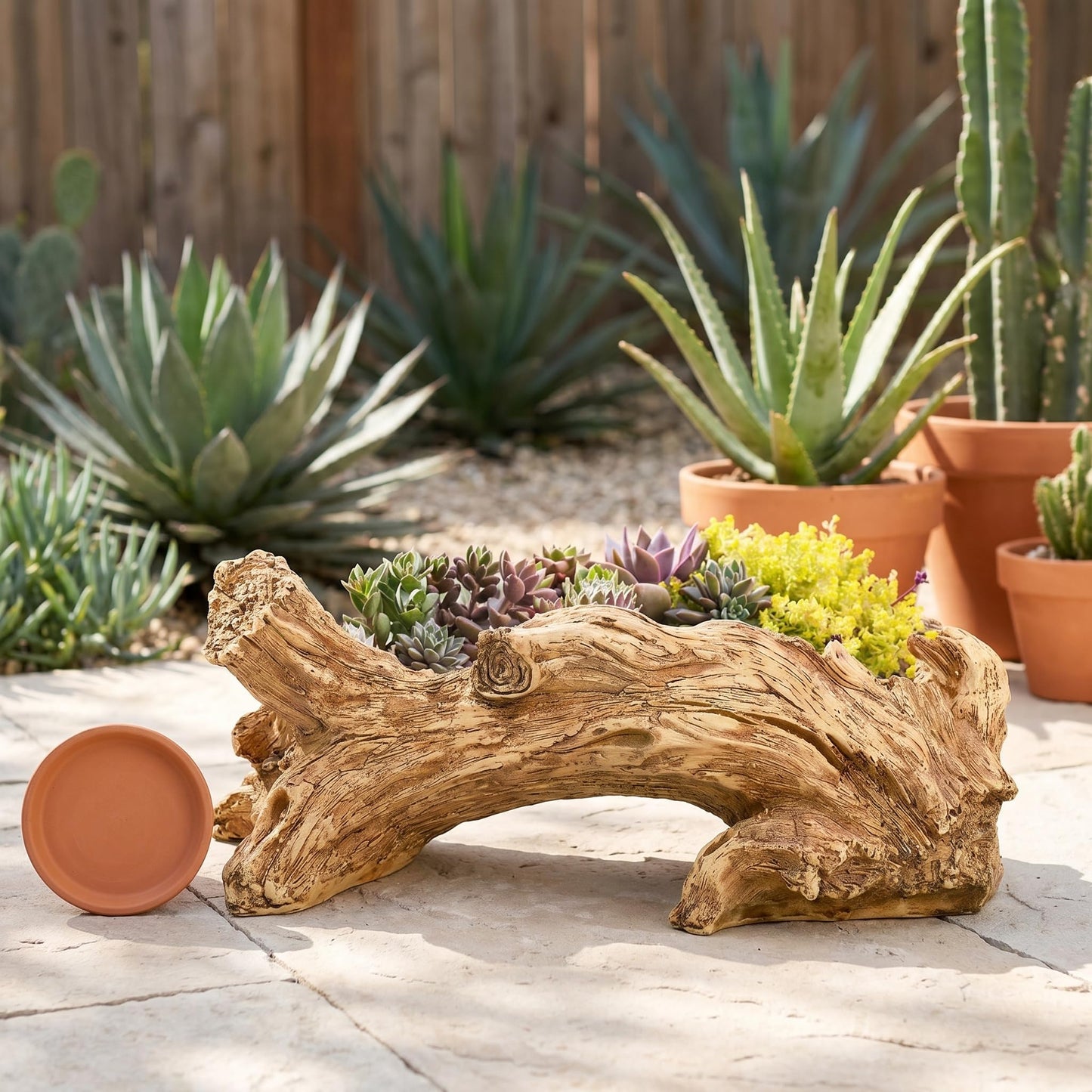 Hiceeden Artificial Driftwood Succulent Planter, Resin Tree Stump Sculpture Rustic Cactus Flower Pot for Herb, Strawberry, Small Plants, Natural Color Drainage Hole, 14.6" L x 4.3" W x 5.1" H