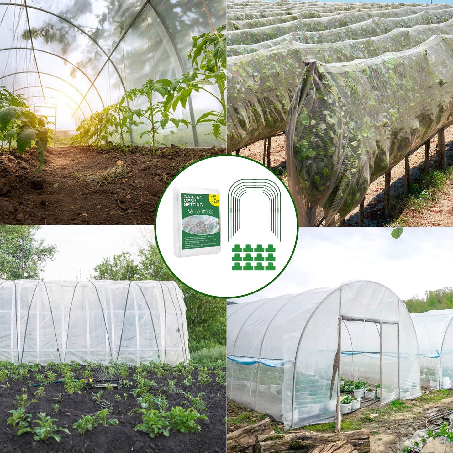 Garden Netting Kit for Raised Beds, 8x24Ft Ultra Fine Mesh Netting with 6 Sets Garden Hoops, Plant Row Cover Insect Netting Birds Pest Barrier Net for Vegetable Fruit Flowers