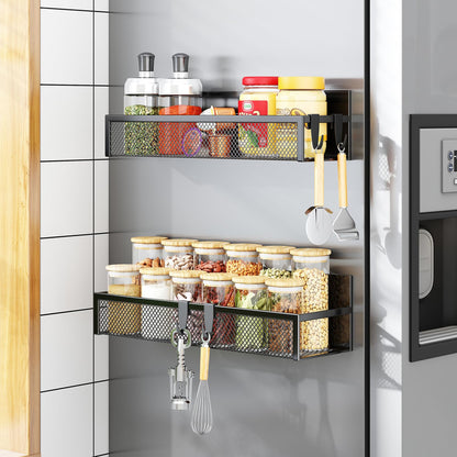 Magnetic Spice Rack for Refrigerator, 4 Pack Magnetic Shelf, Fridge Magnet Organizer with Moveable 8 Hooks, Magnetic Fridge Shelf for Kitchen Organization and Storage (4 Pack)