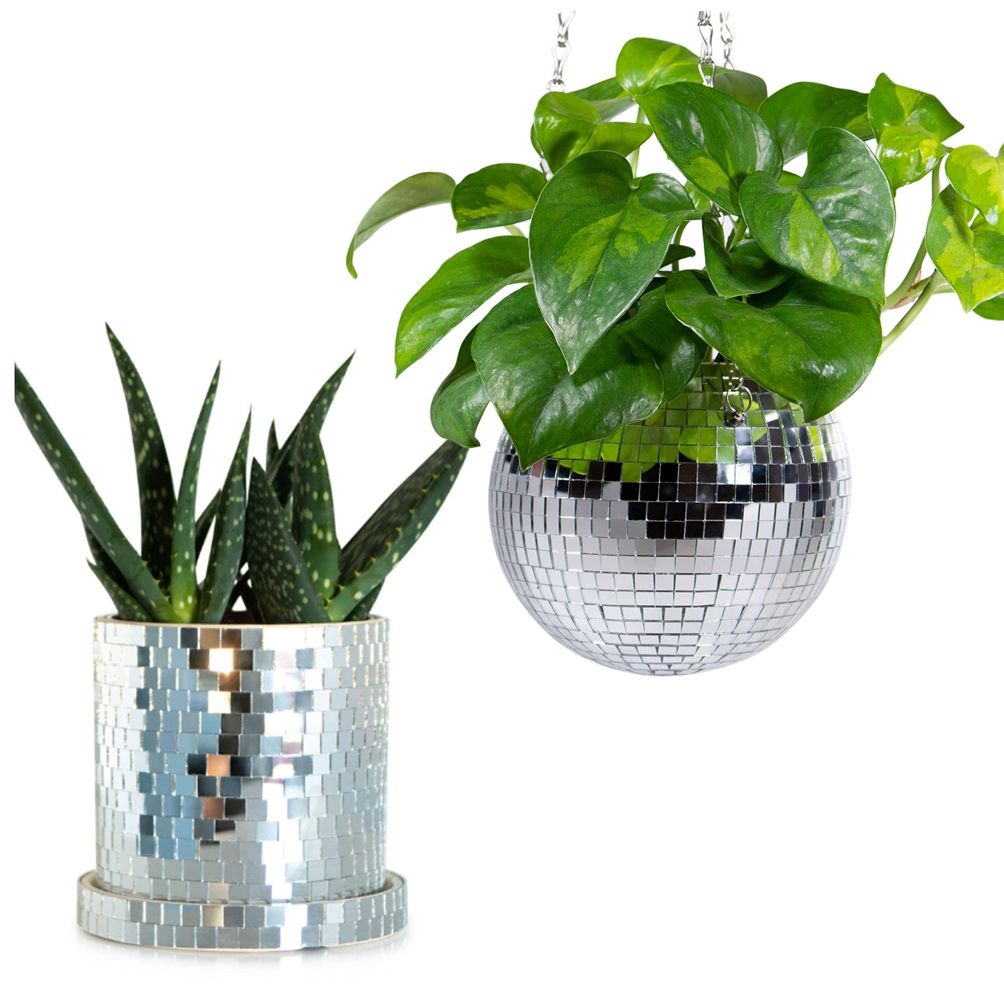 SCANDINORDICA Disco Ball Planter 6" Silver with Chain and Macrame Hanger and Disco Ball Planter Pot 4.3" with Saucer (0.3x0.3 mirror tiles)