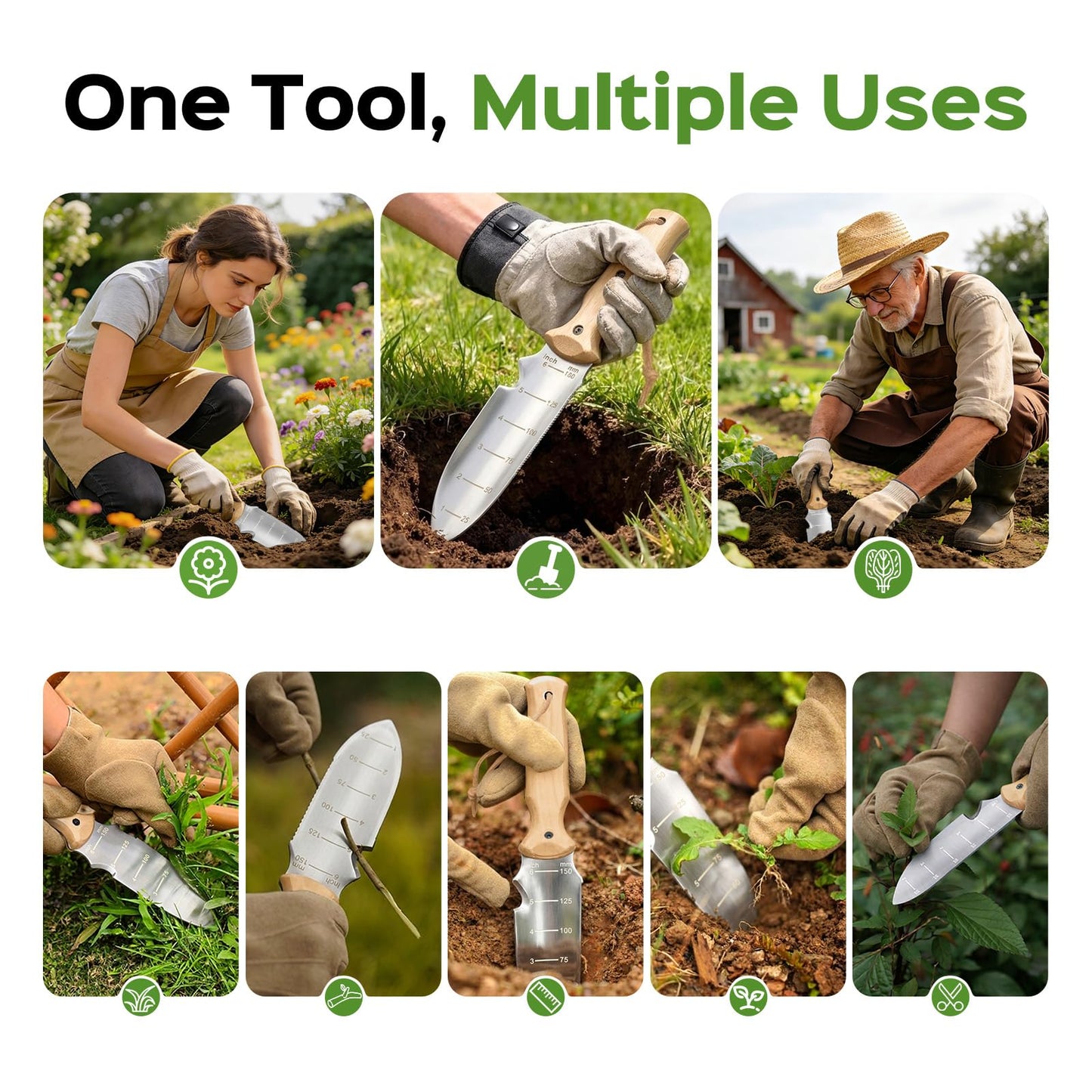 Garden Tools Trowel with EDC Sheath for Weeding Digging Planting, Gifts for Women Mom Her, Gardening Tools with 7" Stainless Steel Blade, Dual-Scale Measurement,Hanging Hole, Gifts for Men Dad Him
