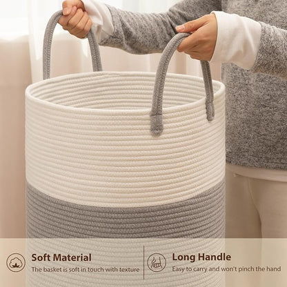 OIAHOMY Large Laundry Basket Hamper - 100L Cotton Rope Woven Basket for Blankets, Toys, Clothes - Tall Decorative Nursery Hamper with Long Handles, Grey/White